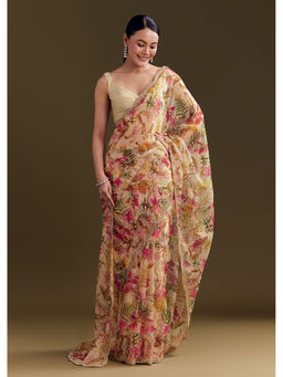 KALKI FASHION - Beige Organza Beaded Border And Floral Print Saree with Unstitched Blouse