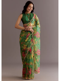 KALKI FASHION - Green Organza Floral Print And Embellished Border Saree with Unstitched Blouse