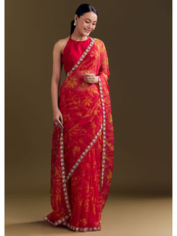 KALKI FASHION - Red Organza Cutdana Beads And Botanical Print Saree with Unstitched Blouse