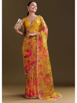 KALKI FASHION - Yellow Organza Floral Print And Beaded Border Saree with Unstitched Blouse