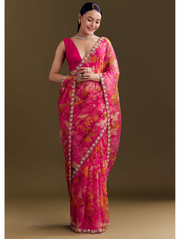 KALKI FASHION - Pink Organza Floral Embellished Border Saree with Unstitched Blouse