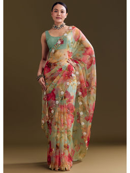 KALKI FASHION - Green Organza Floral Embellished Border Saree with Unstitched Blouse