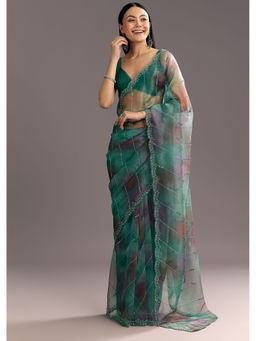 KALKI FASHION - Purple Green Shaded Organza Cutdana Sequin Embroidery Saree with Unstitched Blouse