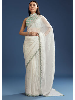 KALKI FASHION - White Tissue Contrast Border Saree with Unstitched Blouse