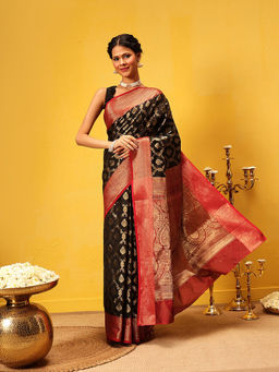 Silk Land - Banarasi Soft Silk Jal Design Contrast Border And Pallu Black Saree with Unstitched Blouse