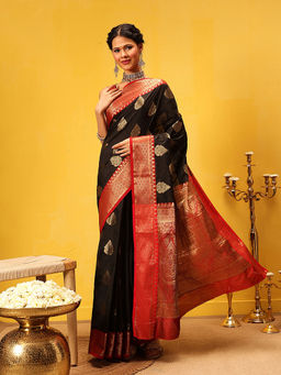 Silk Land - Banarasi Butti Design Contrast Border & Pallu Black Saree with Unstitched Blouse