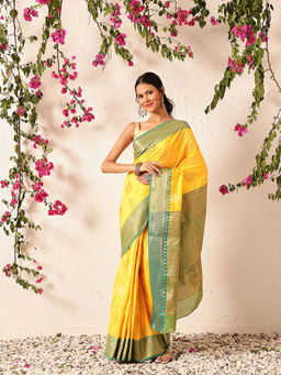 Silk Land - Banarasi Butti Design Contrast Border & Pallu Yellow Saree with Unstitched Blouse