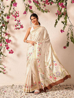 Silk Land - Tussar Color Soft Silk Floral Digital Printed Beige Saree with Unstitched Blouse