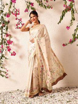 Silk Land - Tussar Color Soft Silk Floral Digital Printed Beige Saree with Unstitched Blouse