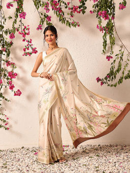 Silk Land - Tussar Color Soft Silk Floral Digital Printed Beige Saree with Unstitched Blouse