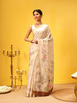 Silk Land - Tussar Color Soft Silk Floral Digital Printed Beige Saree with Unstitched Blouse