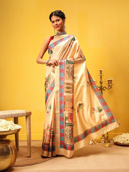 Silk Land - Royal Rajwadi Digital Print Traditional Maharani Look Beige Saree with Unstitched Blouse