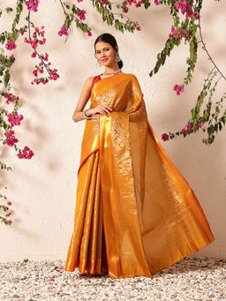 Silk Land - Chevron Classical Weaving Ikkat Zari Woven Mustard Saree with Unstitched Blouse