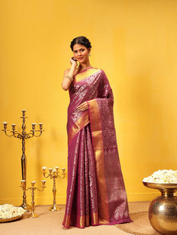 Silk Land - Chevron Classical Weaving Ikkat Zari Woven Pink Saree with Unstitched Blouse