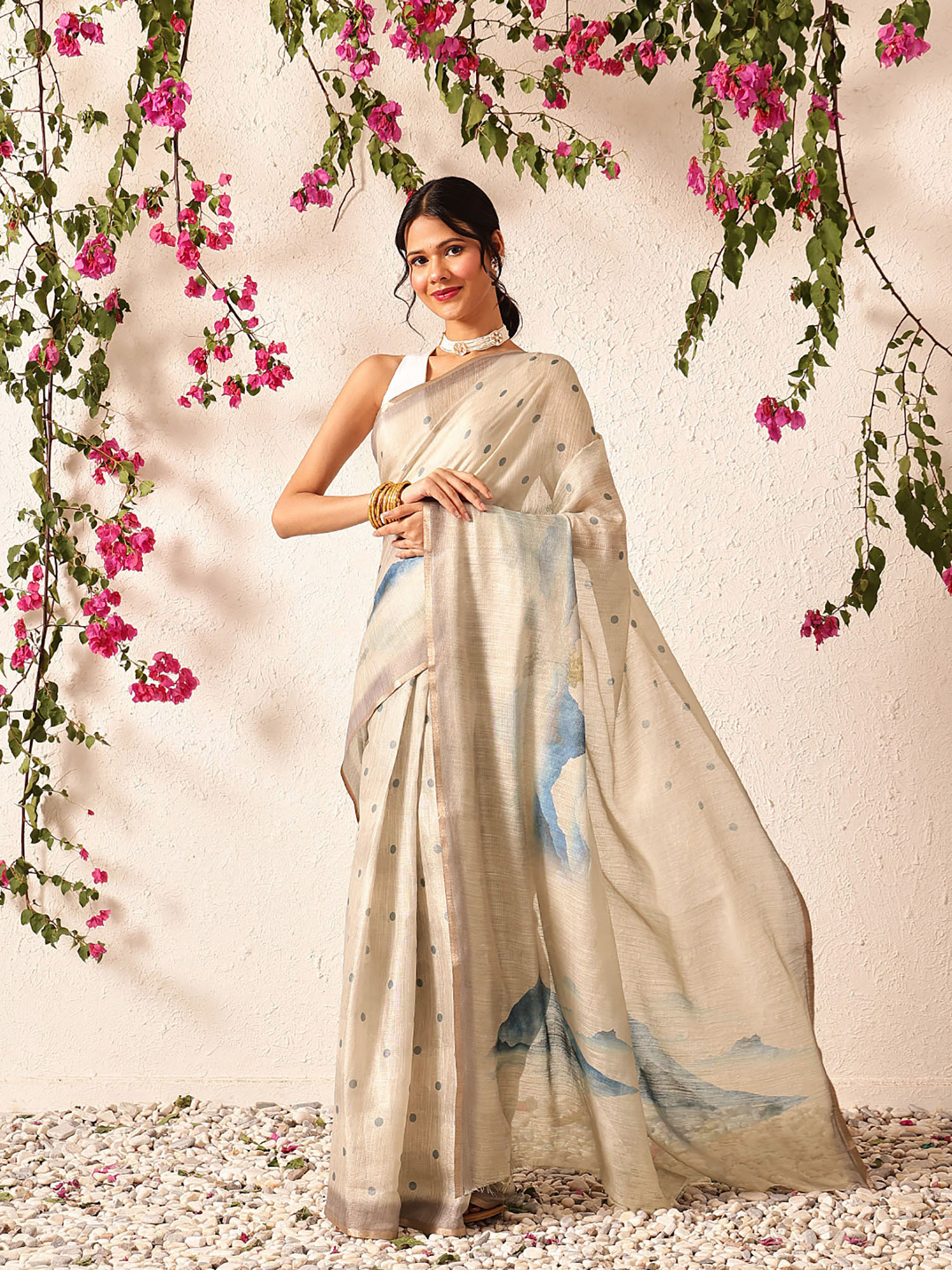 silk land Cotton Zari Tissue Printed Ready To Wear Beige Saree with Unstitched Blouse-picture-15