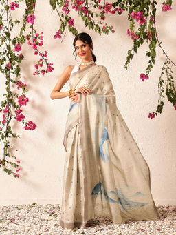 Silk Land - Cotton Zari Tissue Printed Ready To Wear Beige Saree with Unstitched Blouse