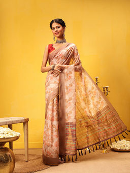Silk Land - Block Print Cotton Ready To Wear Beige Saree with Unstitched Blouse