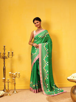 Silk Land - Printed Art Silk Ready To Wear Green Saree with Unstitched Blouse