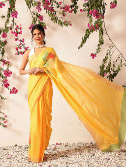 Silk Land - Digital Printed Soft Mul Cotton Ready To Wear Mustard Saree with Unstitched Blouse