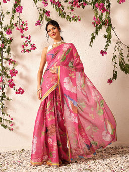 Silk Land - Fruits Printed Cotton Tissue Ready To Wear Pink Saree with Unstitched Blouse