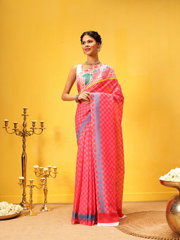 Silk Land - Digital Printed Soft Mul Cotton Ready To Wear Pink Saree with Unstitched Blouse
