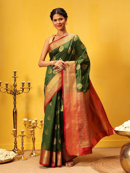 Silk Land - Kanjivaram Soft Silk Zari Woven Big Border Rich Pallu Green Saree with Unstitched Blouse
