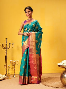 Silk Land - Kanjivaram Soft Silk Zari Woven Big Border Rich Pallu Teal Saree with Unstitched Blouse