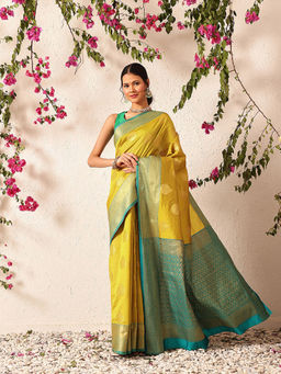 Silk Land - Kanjivaram Soft Silk Zari Woven Big Border Rich Pallu Yellow Saree with Unstitched Blouse