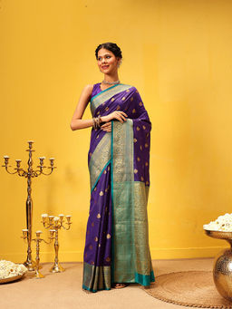 Silk Land - Kanjivaram Soft Silk Zari Woven Big Border Rich Pallu Blue Saree with Unstitched Blouse