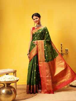 Silk Land - Kanjivaram Soft Silk Zari Woven Big Border Rich Pallu Green Saree with Unstitched Blouse