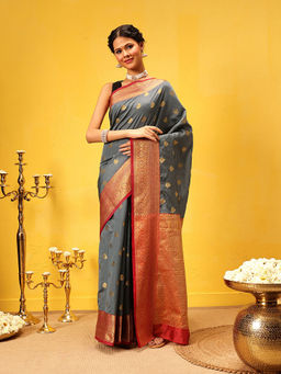 Silk Land - Kanjivaram Soft Silk Zari Woven Big Border Rich Pallu Grey Saree with Unstitched Blouse