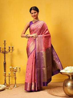 Silk Land - Kanjivaram Soft Silk Zari Woven Big Border Rich Pallu Pink Saree with Unstitched Blouse