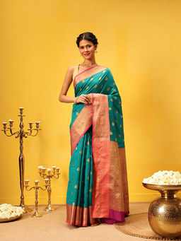 Silk Land - Kanjivaram Soft Silk Zari Woven Big Border Rich Pallu Teal Saree with Unstitched Blouse