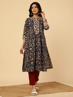 Jaipur Kurti - Floral Printed Black Pin Tuck Kurta