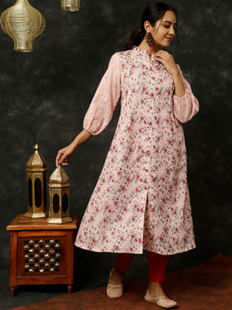 Jaipur Kurti - Pink Rose Printed A-link Kurta