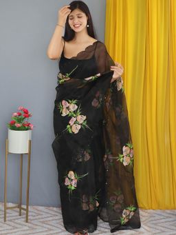 Odette - Black Organza Foil Print Saree with Unstitched Blouse