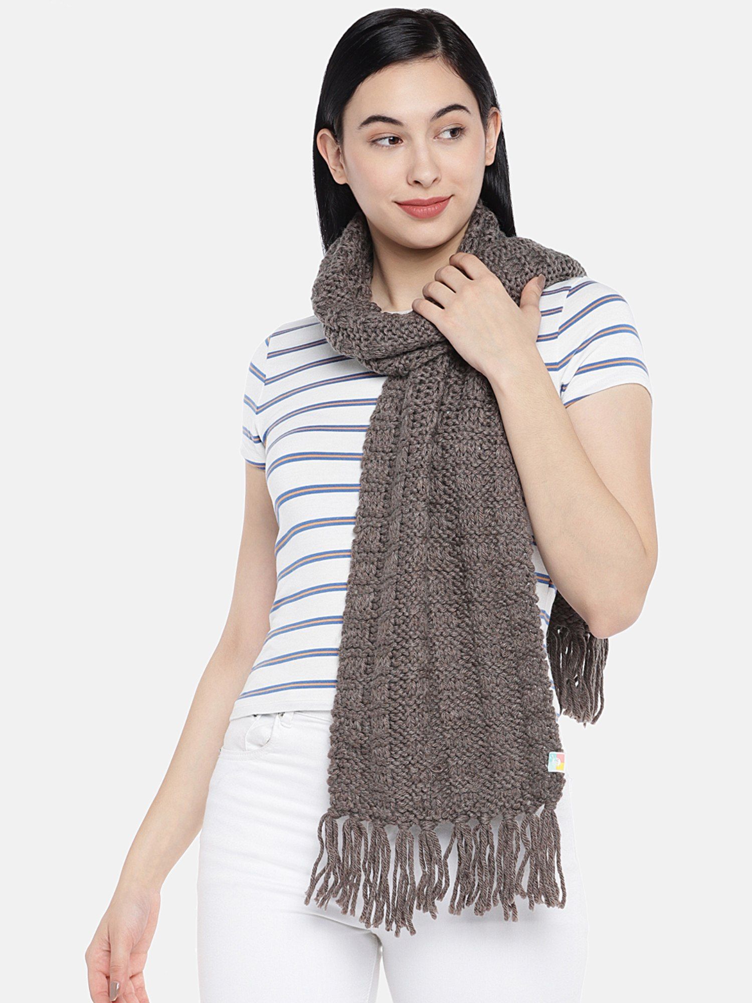magic needles Women Brown Grey Self Design Handmade Scarf-picture-40