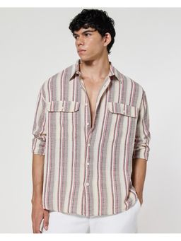 Bewakoof - Men's Off White & Dusty Pink Striped Oversized Shirt