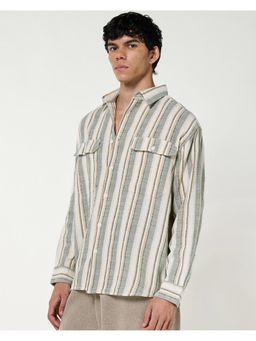 Bewakoof - Men's Off White & Green Striped Oversized Shirt