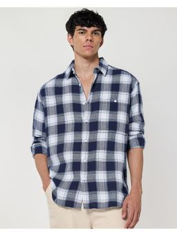 Bewakoof - Men's White & Blue Checked Oversized Shirt