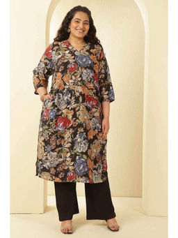 Amydus - Plus Size Elegant Floral Print V-Neck Rayon Muslin Kurta
