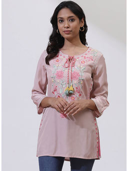 Lakshita - Peach Floral Kurti With Multi-Colour Embroidery