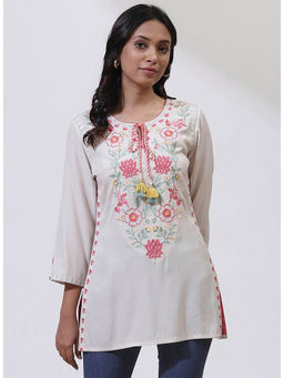 Lakshita - White Tie-Up Neck Kurti With Multi-Colour Embroidery