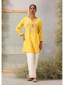 Lakshita - Yellow Keyhole Neck Kurti With Multi-Colour Embroidery