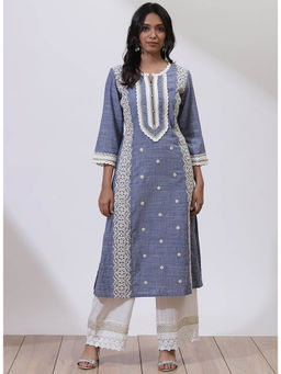 Lakshita - Chambray Blue Embroidered Lace Kurta