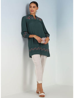 Lakshita - Green A line Rayon Kurti with Embroidery and Smocking