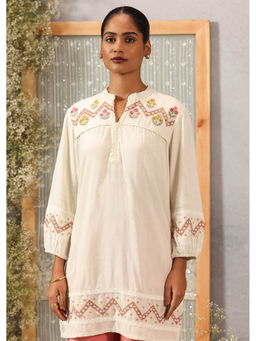 Lakshita - Ivory A line Rayon Kurti with Embroidery and Smocking