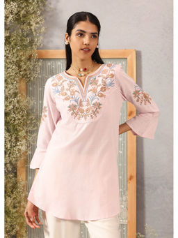 Lakshita - Pink Cotton Tunic with Floral Embroidery