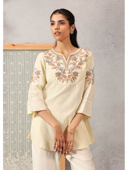 Lakshita - Yellow Cotton Tunic with Floral Embroidery