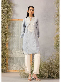 Lakshita - Spa Blue Mid-length Cotton Kurti for Women with Embroidery